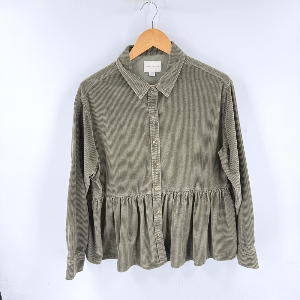 American Eagle Wide Wale Corduroy Peplum Shirt Olive Green Small Fall Earthy